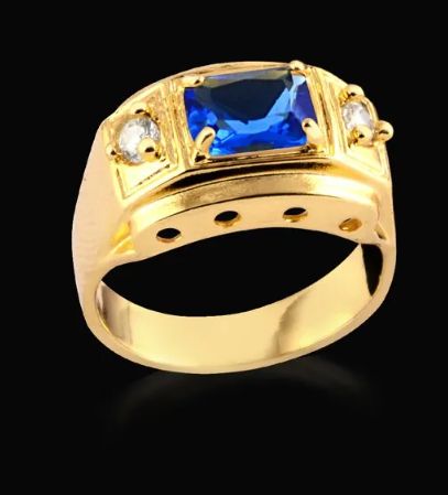 Anel Formatura Masculino Banhado A Ouro 18k Com Pedra Zircônia Azul e Zircônias Cristais 7g