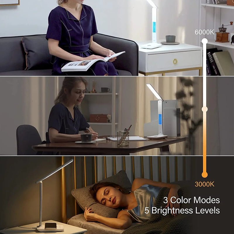 Lampada LED Desk com carregador sem fio Pad, despertador de temperatura, luz ideal para estudar, adequação de luminosidade para os olhos, Business Light, abajur, estação de carregamento rápido, 10W