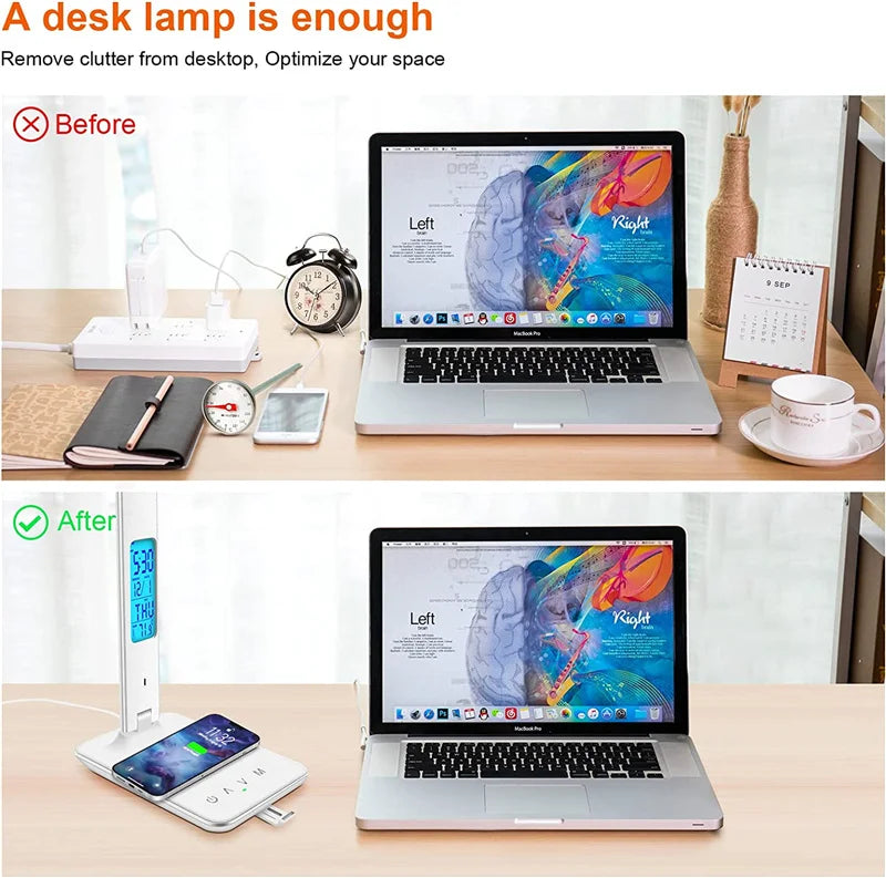 Lampada LED Desk com carregador sem fio Pad, despertador de temperatura, luz ideal para estudar, adequação de luminosidade para os olhos, Business Light, abajur, estação de carregamento rápido, 10W